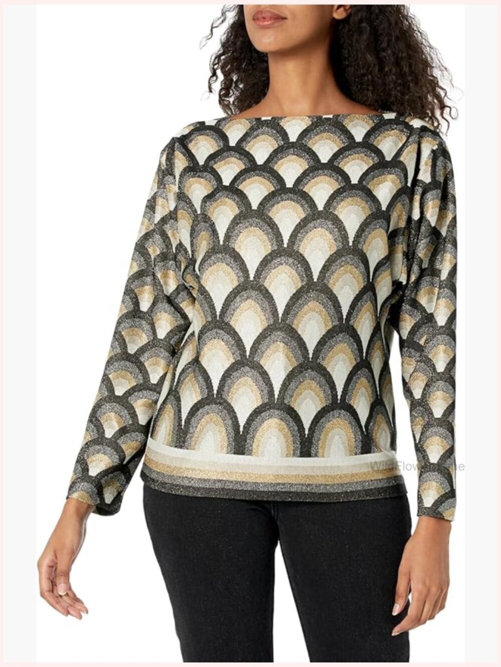 Boat Neck Long Sleeve Top, Geometric Knit Jacquard, Pull On